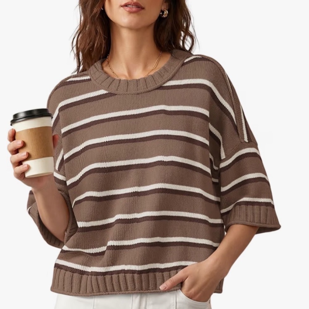 Nirovien Women's Coffee Beige Striped Knit Sweater – Short Sleeve – Medium – NWT
